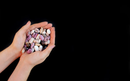 Beans. Handful of multi-colored beans in female hands on a black background.