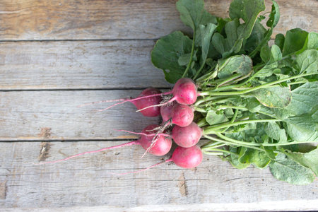 Harvest radish on a wooden background. Freshly picked red radish. Growing vegetables, Flat lay for...