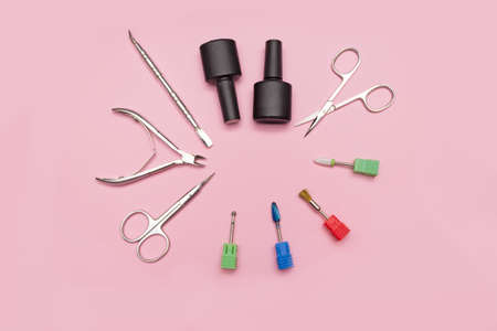 Composition of manicure, a set of tools for manicure, gel varnishes, replaceable nozzles for a manicure routerの写真素材
