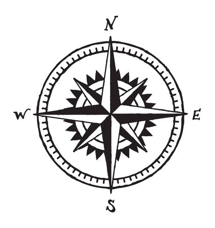 Vintage hand drawn wind rose vector in black and white. Compass symbol tattoo drawing.のイラスト素材