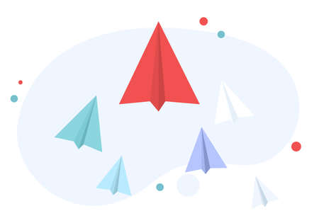 Leadership & achieving goals concept depicting race of paper planes. Different levels of competition. Flat vector cartoon illustration isolated on white.のイラスト素材