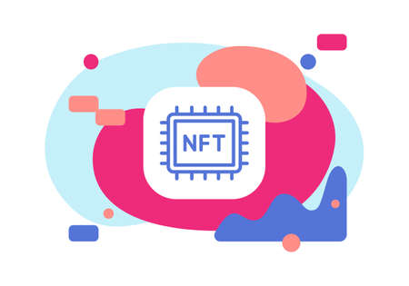 Concept showing an NFT crypto art in digital space. Non fungible token abstract vector illustration on isolated background. Flat design artwork.のイラスト素材