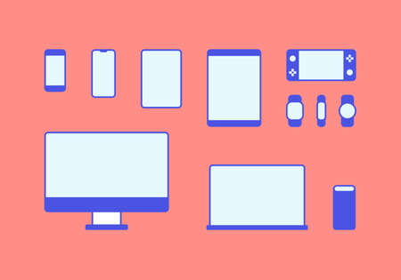 Modern devices mockup template. Set of display, laptop and desktop computer, phone, tablet, smartwatch and mobile gaming console on isolated orange background. Flat design vector illustration for apps and ux ui with editable strokes.のイラスト素材