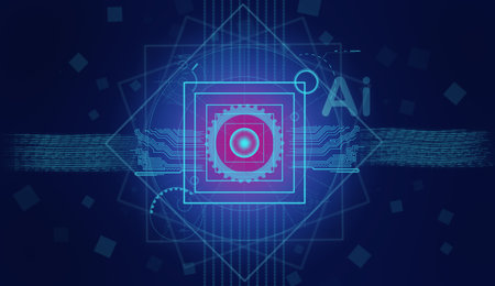 Illustration of geometric and graphic elements on dark blue background. Technology and Ai concept