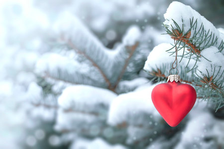 Red Christmas ornament heart on winter natural background. Copy spaceの写真素材