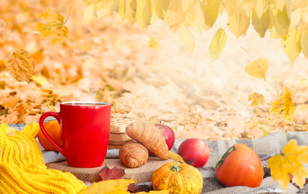 Autumn picnic in the park. Cup of coffee, apple and croissants on picnic blanket on nature yellow...