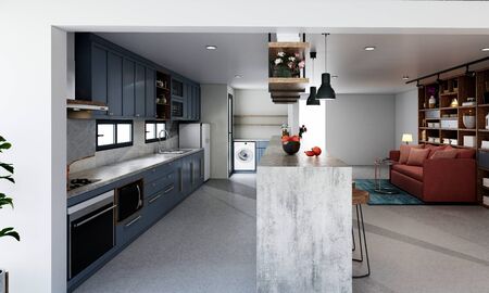 3d rendering of kitchen and dining roomの写真素材