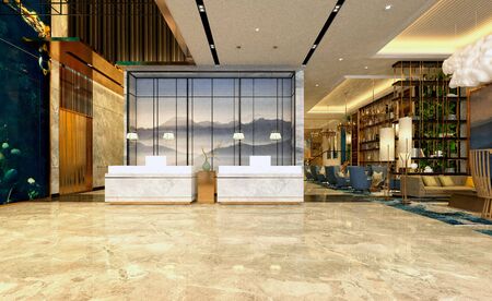 3d rendering luxury hotel reception entranceの写真素材