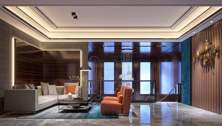 3d rendering luxury living room suite with tv and sofa in hotel