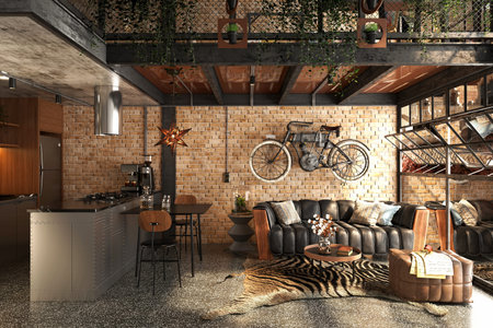 3d rendering of a loft style living room in a loft style