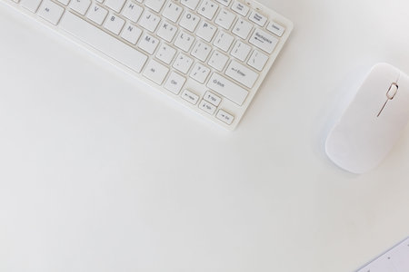 Business, Work and Technology Concept.  Top view flat lay of computer keyboard, mouse and planner...