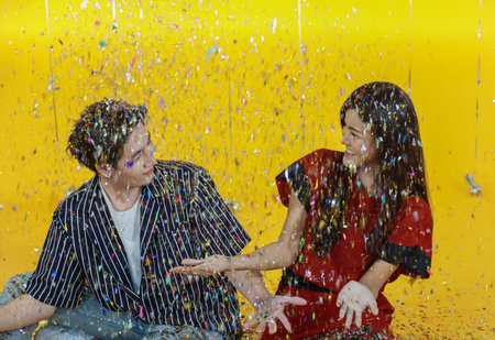 Happy New Year, Christmas and couple celebrate concept. Asian young man and woman smile and laugh...