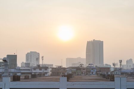 BANGKOK, THAILAND - 19 DECEMBER  2019 : City view and building in Bangkok Thailand in morning with air pollution haze and fog from dust atmospheric aerosol particles, particulate matter or PM2.5のeditorial素材