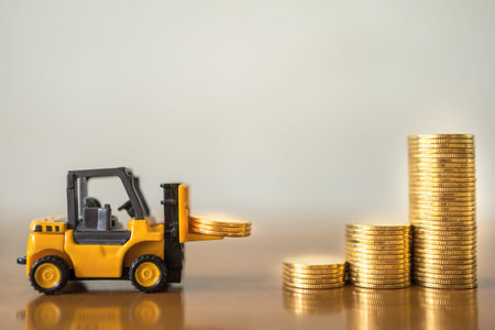 Business, Money,  Finance and Saving  Concept. Close up of miniature mini forklift truck contain 3...