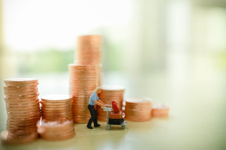 Business, Travel, Money and saving concept. Close up of traveler miniature figure people with...