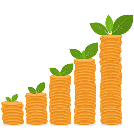 Flat design of 5 stack of coins with plant on top of stack. Useing for Graphic and Vector Money and Business Concept.のイラスト素材