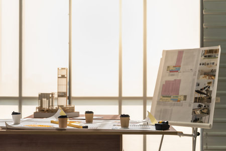 Business, Engineer, Construction and structure Concept. Photo of project working room with architect...