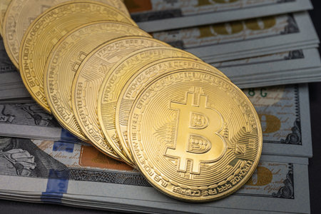 Business , Money, Technology and  cryptocurrency Concept. Closeup of gold bitcoin coins on pile of...