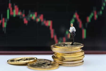 Business, Money, Cryptocurrency and Financial Concept. Businessman miniature figure standing on...