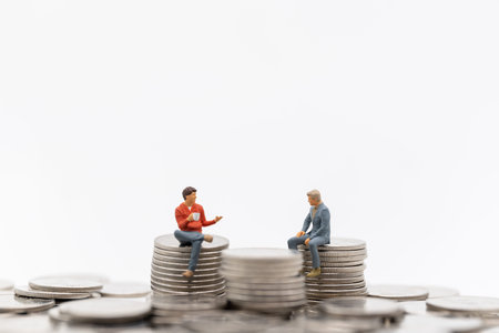 Business, Money Investment and Team Concept. Businessman miniature figure people figure sitting and talking on top of stack of silver coins on white background.の写真素材