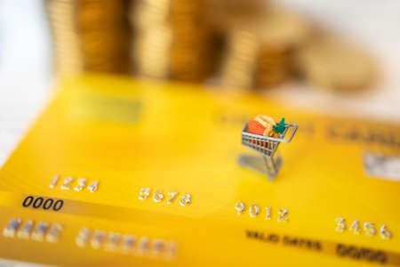 Business E-Commerce and payment concept. Closeup of Mockup FAKE yellow credit card with miniature shopping cart / trolley and stack of coinsの写真素材