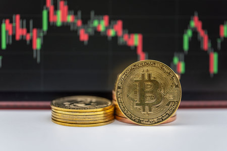 Business , Money, Technology and  cryptocurrency Concept. Closeup of gold Bitcoin coin with...