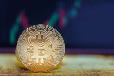 Business , Money, Technology and  cryptocurrency Concept. Closeup of Bitcoin coin and stack with candlestick chart on vintage world map.の写真素材