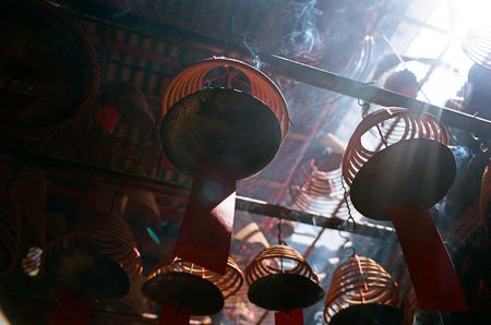 Incense coils that is found in chinese temple at many asia countries, pictures are taken in Hong Kongの写真素材