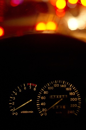a speedometer showing stop position of a car at night, in traffic jam.の写真素材