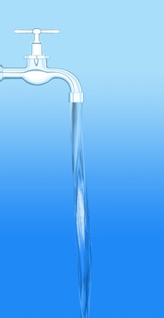a water tap with realistic flowing water, on a blue backgroundの写真素材