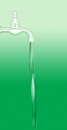 a water tap with realistic flowing water, on a green backgroundの写真素材