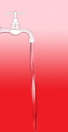 a water tap with realistic flowing water, on a red backgroundの写真素材