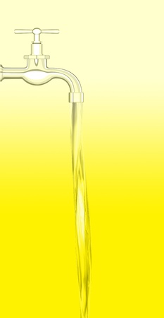 a water tap with realistic flowing water, on a yellow backgroundの写真素材