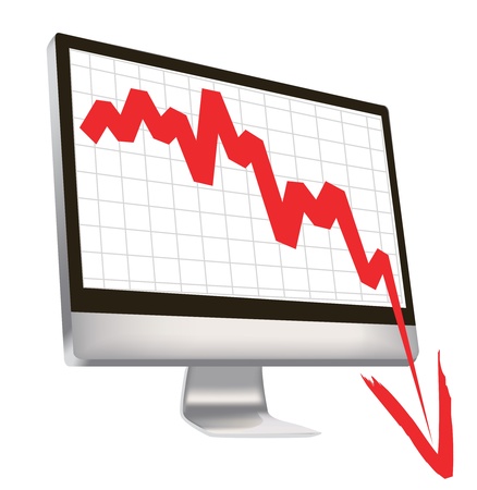 illustration of economic crisis, with red arrow break outs of computer monitor.のイラスト素材