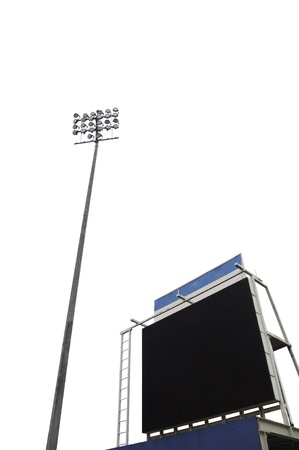 scoreboard in a stadium with a tall floodlight, isolated on white の写真素材