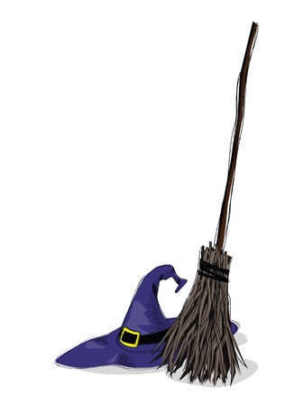 illustration of witch hat and broomstick, in grunge style illustration of witch hat and broomstick, in grunge style