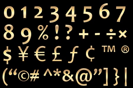 gold numbers and signs set, with realistic golden surface.の写真素材