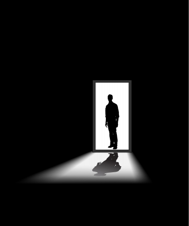 man enters a dark room, to illustrate concept of unknown and fearのイラスト素材