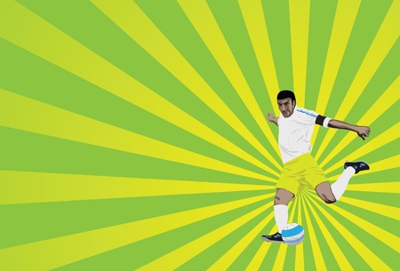 vector illustration of a soccer player trying to score, with sun burst backgroundのイラスト素材