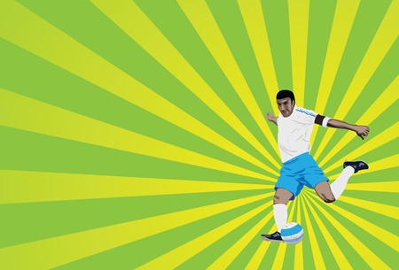 vector illustration of a soccer player trying to score, with sun burst backgroundのイラスト素材