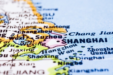 a close up shot of shanghai on map, city of china.の写真素材