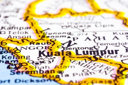 a close up shot of kuala lumpur on map, capital city of Malaysiaの写真素材