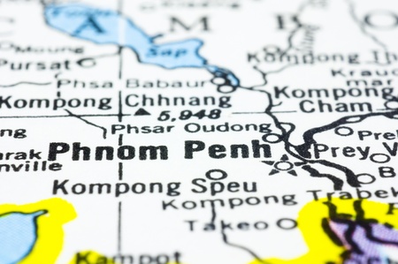 a close up shot of Phnom Penh on map, capital of Cambodia.の写真素材
