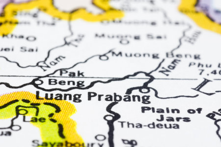 a close up shot of Luang Prabang on map, Laos.