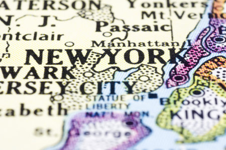 a close up of new york on map, united states.