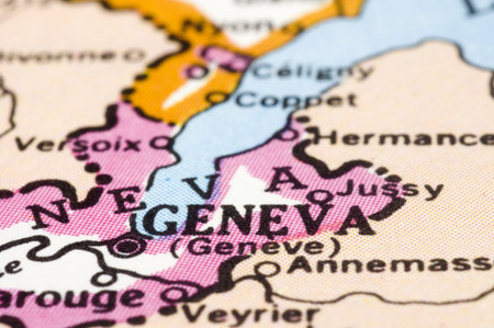 Close up of Geneva on map, city of Switzerland