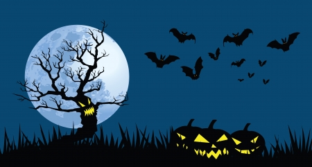 illustrations for halloween theme, evil tree, pumpkin lanterns and batsのイラスト素材