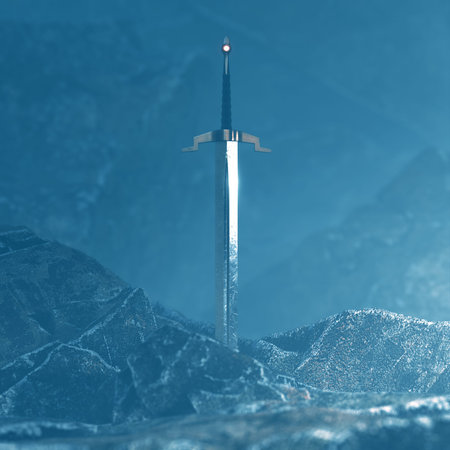 3d render of a sword in the stone with a surreal background.
