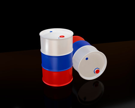 isolated 3d render of oil barrel in Russian flag colour combination.