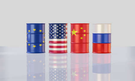 isolated 3d render of crude oil barrels in different countries.の写真素材
